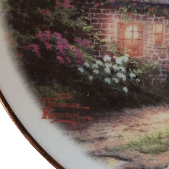 Thomas Kinkade Moonlight Cottage Tea Cup Saucer Vase Teleflora Gold Trim Set - Picture 12 of 16